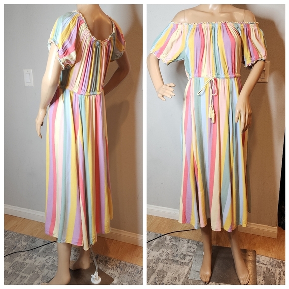Torrid Midi Challis Off-Shoulder Dress Rainbow Stripe Stretch Size 0 Lrg pockets - Picture 10 of 16